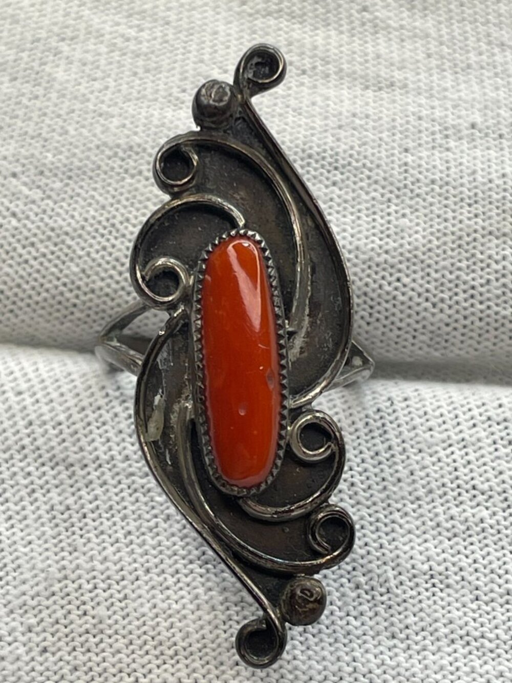 Vintage Navajo Raymond Delgarito Signed Red Coral Silver Statement Ring Size 5.5